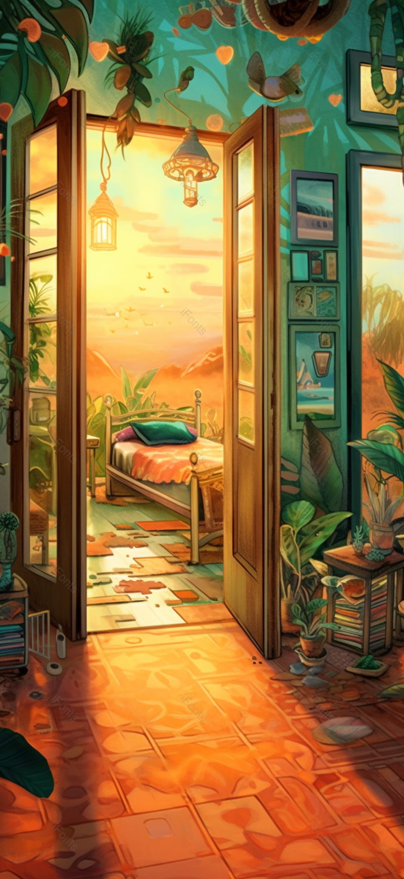 夏日夕阳西下室内落地窗唯美橙色植物宁静唯美插画,插画/手绘图,插画/手绘图库,插画/手绘图下载,插画/手绘